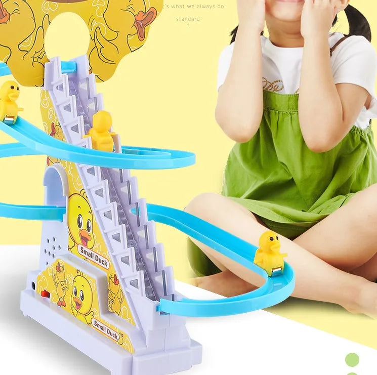 Small Duck Climbing Stairs Toy Racing Track Toy Music Duck Roller